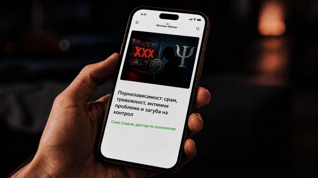 Статия за порнозависимост на екран на смартфон, със заглавие и автор Слав Славов, доктор по психология | Glorious Winner